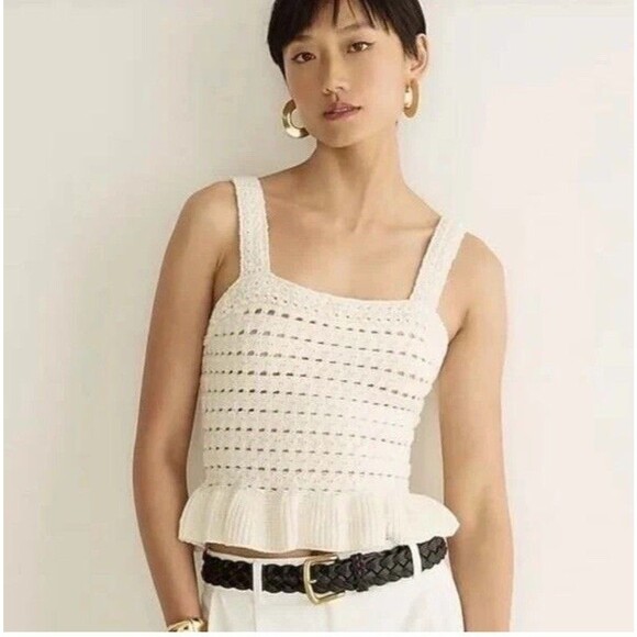 J. Crew Tops - J.Crew Crochet Knit Tank Top Ruffle Hem Sleeveless Cream Size XXS